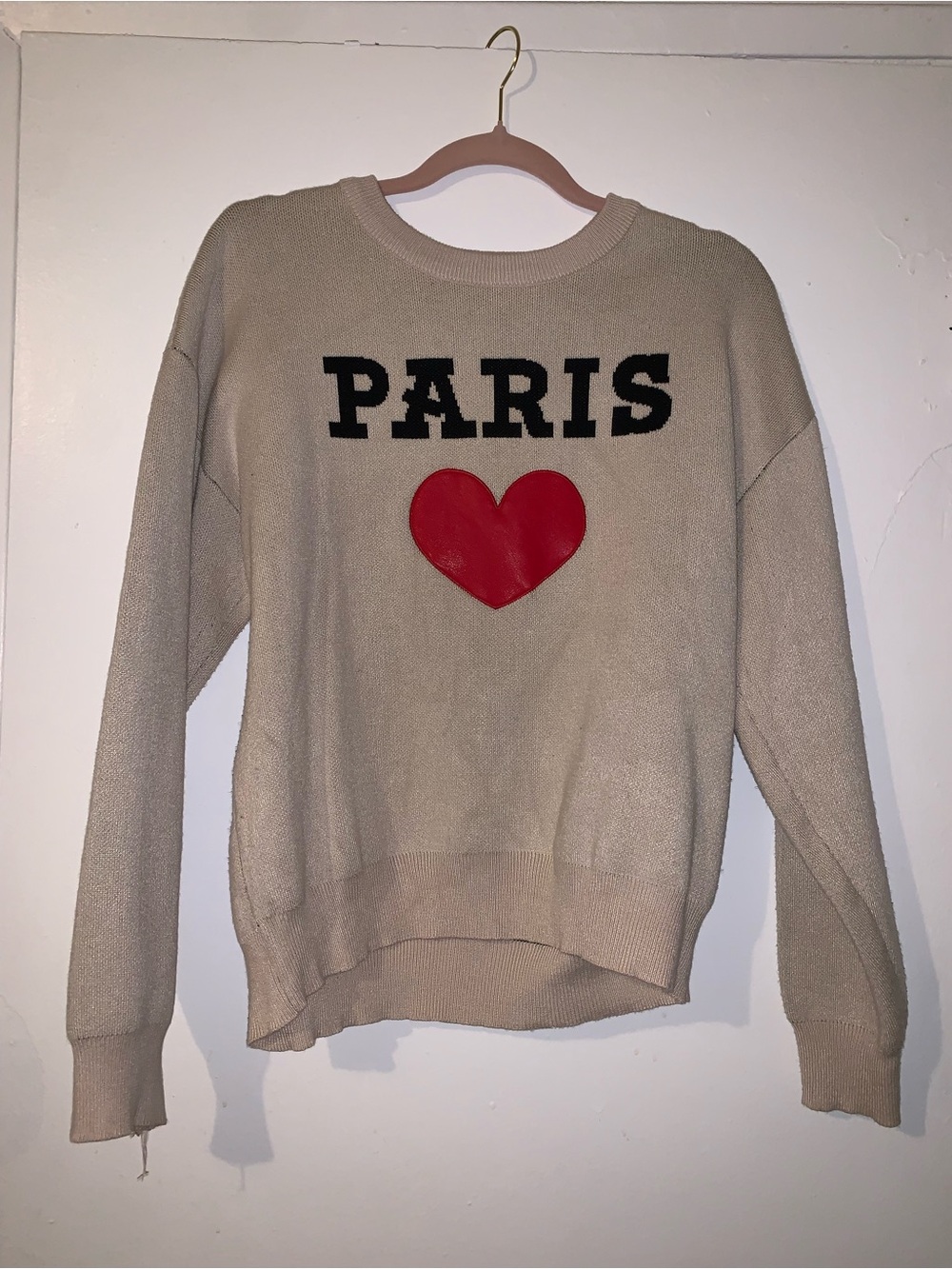 H&M Beige Crewneck Sweater with Black 'PARIS' Lettering and Red Heart